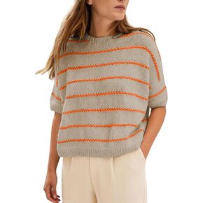 QIBABU Womens Short Sleeve Striped Sweater Top Casual Crewneck Lightweight Shirt Spring Summer Cropped Knit Tops in Kuwait