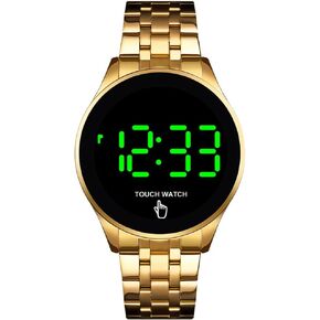 PASOY Touch Screen Digital LED Watch Green Highlight Backlight Stainless Steel WatchBand Waterproof Casual Sport Mens Womens Boys Watch (Gold) in Kuwait