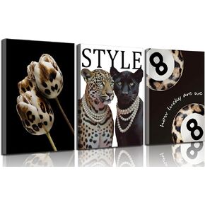 3Pcs Fashion Cheetah Canvas Wall Art Black and White Lucky 8 Ball Pictures Wall Decor Trendy Leopard Floral Aesthetic Posters Prints for Bedroom Apartment Dorm 12x16in in Saudi Arabia