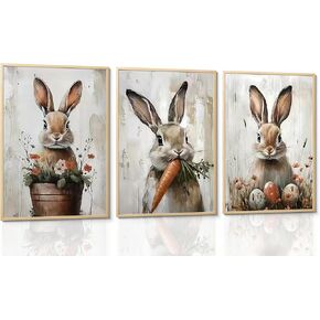 3Pcs Vintage Bunny Wall Art Canvas Set with Floral Pot Carrot Easter Eggs Lovely Posters Prints Pictures Paintings Ideal Wall Decor Decoration for Home Office Living Room Bedroom Unframed in Saudi Arabia