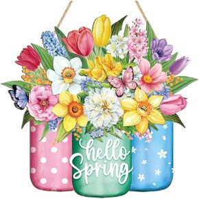 Hello Spring Wreath for Front Door Sign Wall Signs Decoration,Flower Wreath Sign Spring Welcome Hanging for Home Wall Decor Party Outdoor indoor Supply Easter Decoration in Kuwait