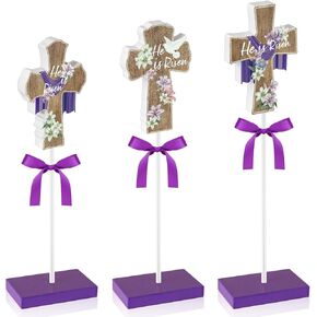 3 قطع من ديكور الطاولة He Is Risen، ديكورات عيد الفصح الدينية للمكتب المنزلي، ديكور عيد الفصح المسيحي، قطعة مركزية خشبية متقاطعة من يسوع الريفي للطاولات والمكتب وصينية متدرجة وعمل المطبخ في المزرعة in Kuwait