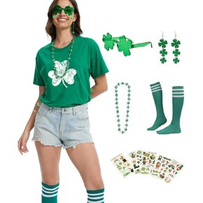 قميص عيد القديس باتريك للسيدات باللون الأخضر شامروك لاكي كلوفر تي شيرت ملابس مضحكة مجموعة إكسسوارات تنكرية in Kuwait