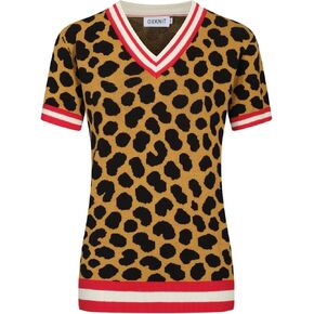 OXKNIT Women's 1960s Retro Knit Short Sleeve T-Shirts, Vintage Leopard Print V-Neck Casual Knitted Top Yellow in Kuwait