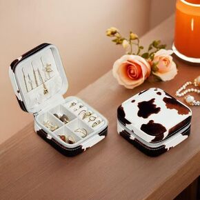 Jinglong Cattleprint Travel Jewelry Box, Compact and Adorable Doggy Jewelry Organizer, Suitable for Rings, Necklaces, and Earrings, Portable Jewelry Storage Box (Pink and white cow pattern) in Saudi Arabia