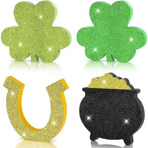 4 قطع ديكورات عيد القديس باتريك علامات خشبية، ديكور قطعة مركزية للطاولة الخشبية، ديكور على شكل نبات النفل، وعاء من الذهب، ديكور صينية متدرجة ليوم القديس باتريك المحظوظ لحفلة رف الطاولة المنزلية in Kuwait