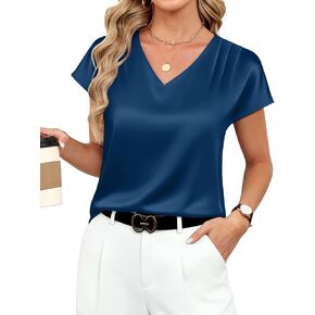 بلوزات حريرية نسائية أنيقة كاجوال بأكمام قصيرة ورقبة على شكل V من الساتان قمصان عمل غير رسمية للأعمال 2026 in Kuwait