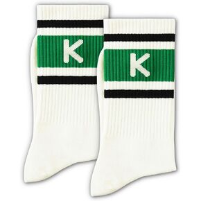 Green and Off-white Retro Striped Crew Socks with The Letter, Classic Initial Sporty Monogram Socks. in Saudi Arabia
