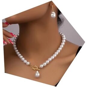 Bridal Pearl Choker Necklace Earring Set for Women Vintage Irregular Pearl Pendant Necklace Earrings Faux Pearl Beaded Necklace Elegant Bridal Wedding Party Banquet Ball Costume Jewelry in Kuwait