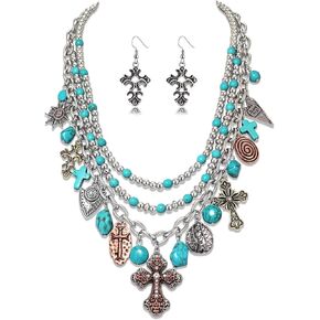 ZITULRY مجموعة مجوهرات الفيروز الغربي للنساء خمر الشظية الفيروزية الصليب قبعة رعاة البقر رأس الثور مطرز الطبقات المختنق قلادة الصليب تتدلى الأقراط بوهو البلد عيد ميلاد عطلة حزب الهدايا in Kuwait