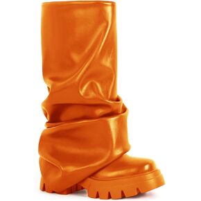 RKQ Women's Platform fold over wide calf Boots Fashion Round Toe Chunky Heel Pull On Slouchy Party Mid Calf Shark Boots For Gril in Kuwait