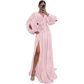 Chiffon Bridesmaid Dresses Long Sleeves Formal Dress 3D Floral V Neck Pleated Evening Gowns with Split in Saudi Arabia