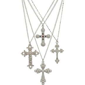 Layered Cross Necklace Silver Set for Women, 4-Piece Chunky Pearl Cross Stack Christian Necklaces, Adjustable Vintage Long Y Boho Gothic Statement Jewelry Gift in Saudi Arabia