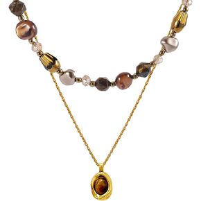 Bohemian Tiger's Eye Layered Necklace - Women's Healing Crystal Jewelry with 14K Gold-Tone Chain, Vintage Light Luxury Gift for Her in Kuwait