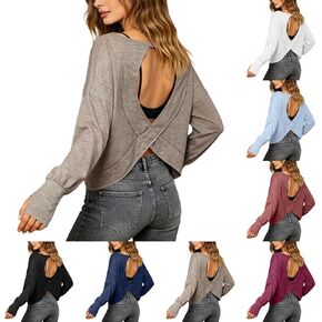 Open Back Long Sleeve Workout Tops for Women Cropped Athletic Tops Pilates Outfits Gym Running Yoga Workout Shirts in Saudi Arabia
