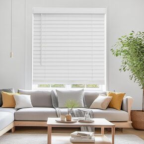 Faux Wood Blinds for Indoor Windows, 42.5" Width x 72" Height Cordless Window Blinds with Valance for Home, No-Hole Privacy Slats,2" White Blinds for Kitchen, Bathroom & Living Room in Saudi Arabia