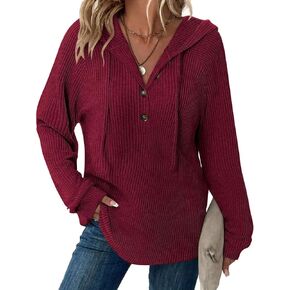 Hoodies Sweatshirt for Women Long Sleeve Oversized Sweaters Drawstring Button Up V Neck Shirts Casual Pullover Tops in Saudi Arabia
