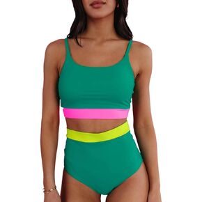 Women's Sea Green Contrast Trim Colorblock High Waisted Bikini Set in Kuwait