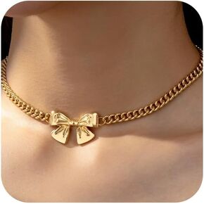 Gold Silver Bow Statement Choker Necklace for Women, Trendy Simple Bowknot Pendant Necklace Delicate Dress Shirts Sweaters Jewelry Accessories Gifts in Kuwait