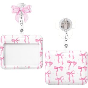 Id Badge Holder Horizontal with Pink Bow Badge Reel, Pink Bow Id Card Holder with Retractable Badge Clip, Cute Horizontal Name Tag Holders for Nurse Doctor Teacher Student in Kuwait