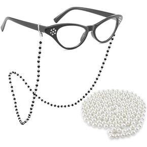 Old Lady Costume for Women Rhinestone Cat Eye Glasses Sunglass Chain Beaded Faux Pearl Necklace Costume accessories for Party (Black) in Kuwait
