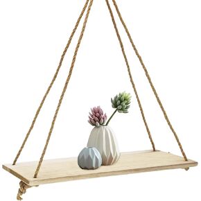 FuninCrea Hanging Shelves for Wall, 13.7×5.5 Inch Rustic Wood Floating Shelves with Swing Rope, Decorative Hanging Wall Shelf Photo Plant Display Shelf for Living Room Bedroom (Natural) in Kuwait