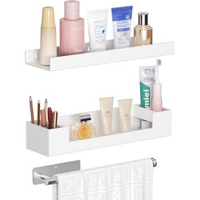 HIIMIEI Bathroom Shelves Wall Mounted: White Floating Shelf with Hand Towel Bar, 14.9in Acrylic Hanging Shelves Over Toilet, Set of 3 Bathroom Organizers Rack for Skin Care, Perfume, Lotion Storage in Kuwait