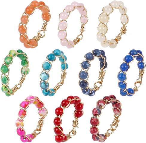 10 PCS Crystal Ring Chakra Crystal Ring Adjustable Gemstone Rings Wire Wrapped Finger Rings Unisex Stretch Gift for Friends Mothers Teachers Colleagues in Saudi Arabia