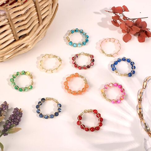 10 PCS Crystal Ring Chakra Crystal Ring Adjustable Gemstone Rings Wire Wrapped Finger Rings Unisex Stretch Gift for Friends Mothers Teachers Colleagues in Saudi Arabia