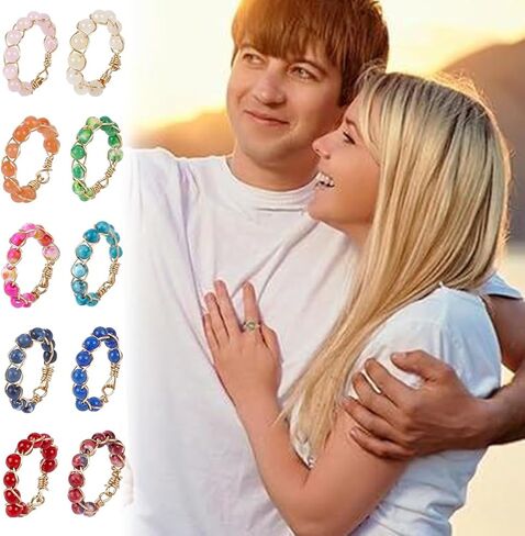 10 PCS Crystal Ring Chakra Crystal Ring Adjustable Gemstone Rings Wire Wrapped Finger Rings Unisex Stretch Gift for Friends Mothers Teachers Colleagues in Saudi Arabia