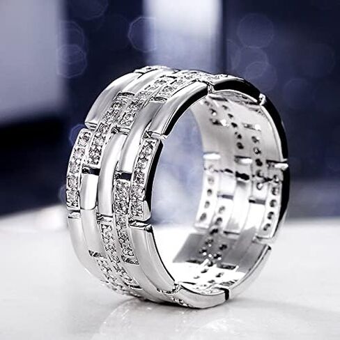 Mnyixsi Men's Wedding Band Engagement Ring 925 Sterling Silver 9.5mm Flat Cut White Zirconia Ring Anniversary Jewelry Simulated Diamond Band Micropave Bling Ring Size 8 in Saudi Arabia
