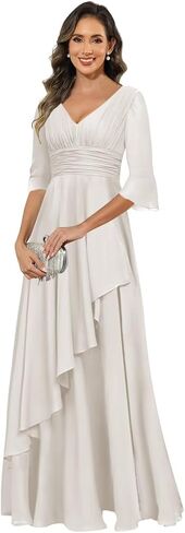 Elegant Chiffon Mother of The Bride Dresses for Women Ruffles V Neck Half Sleeve Evening Gown with Silt in Saudi Arabia