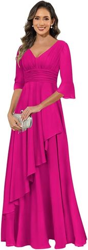 Elegant Chiffon Mother of The Bride Dresses for Women Ruffles V Neck Half Sleeve Evening Gown with Silt in Saudi Arabia