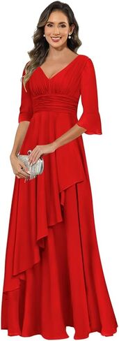 Elegant Chiffon Mother of The Bride Dresses for Women Ruffles V Neck Half Sleeve Evening Gown with Silt in Saudi Arabia