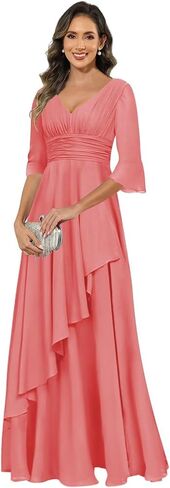 Elegant Chiffon Mother of The Bride Dresses for Women Ruffles V Neck Half Sleeve Evening Gown with Silt in Saudi Arabia
