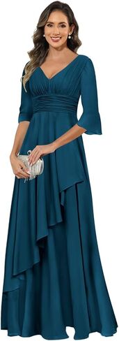 Elegant Chiffon Mother of The Bride Dresses for Women Ruffles V Neck Half Sleeve Evening Gown with Silt in Saudi Arabia