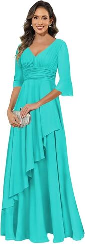 Elegant Chiffon Mother of The Bride Dresses for Women Ruffles V Neck Half Sleeve Evening Gown with Silt in Saudi Arabia
