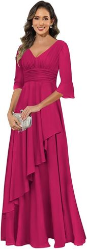 Elegant Chiffon Mother of The Bride Dresses for Women Ruffles V Neck Half Sleeve Evening Gown with Silt in Saudi Arabia