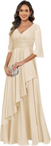Elegant Chiffon Mother of The Bride Dresses for Women Ruffles V Neck Half Sleeve Evening Gown with Silt in Saudi Arabia