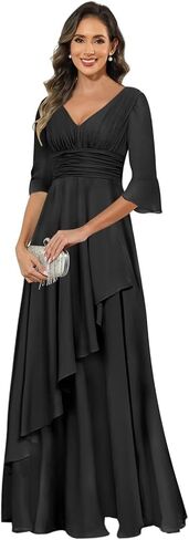 Elegant Chiffon Mother of The Bride Dresses for Women Ruffles V Neck Half Sleeve Evening Gown with Silt in Saudi Arabia