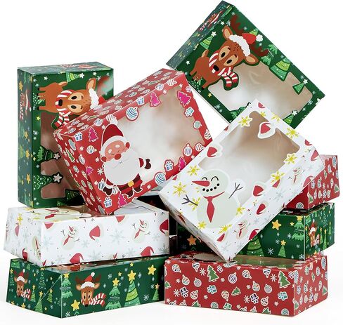 JOYIN 24 PCS Christmas Foil Treats Cookie Gift Box (8.75" x 5.75" x 2.75") Colorful Pattern with Window for Pastries, Cupcakes, Cookies, Brownies, Donuts Gift-Giving in Saudi Arabia