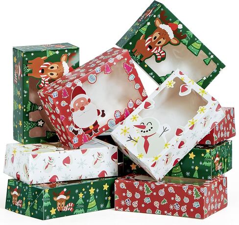 JOYIN 24 PCS Christmas Foil Treats Cookie Gift Box (8.75" x 5.75" x 2.75") Colorful Pattern with Window for Pastries, Cupcakes, Cookies, Brownies, Donuts Gift-Giving in Saudi Arabia