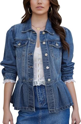 MISS MOLY Women's Denim Jacket Puff Sleeve Button Down Ruffle Hem Jean Jacket Coat in Saudi Arabia