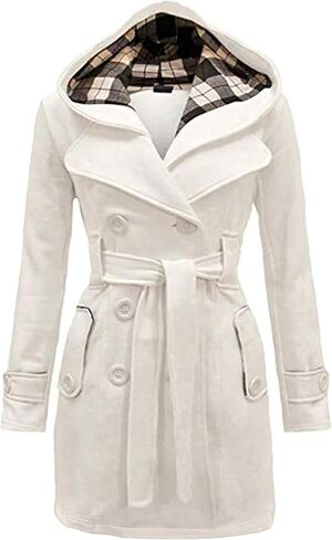 EFOFEI المرأة مقنعين عالية الخصر الخريف خندق معطف دافئ الصوف مزيج سترة العمل معطف البازلاء عادية in Kuwait