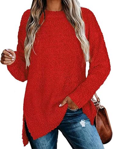 Qearal Women's Long Sleeve Fuzzy Knitted Sweater Popcorn Side Split Loose Pullover Tops in Kuwait