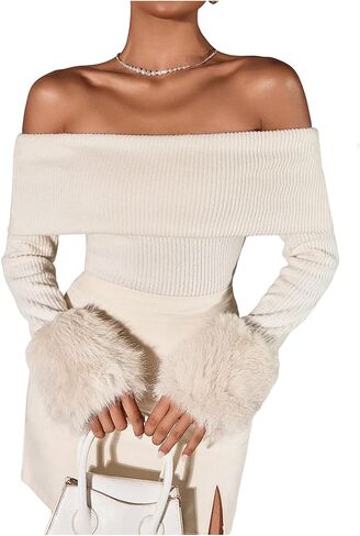 Milumia Women's Faux Fur Off The Shoulder Sweater Foldover Long Sleeve Crop Tops Knitwear Patry Club Outfits in Saudi Arabia