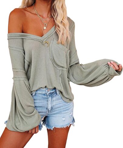 Sexyshine Women's Sexy Off Shoulder Oversized Long Lantern Sleeve V Neck Knit Top Pullover Sweaters with Pocket in Saudi Arabia
