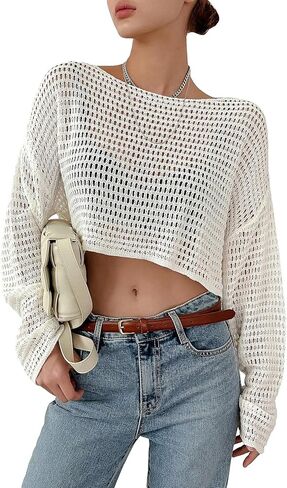 بلوفر نسائي من Milumia مصنوع من نسيج الكروشيه وأكتاف منسدلة وأكمام طويلة in Kuwait