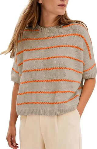 QIBABU Womens Short Sleeve Striped Sweater Top Casual Crewneck Lightweight Shirt Spring Summer Cropped Knit Tops in Kuwait