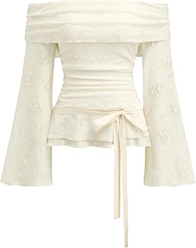 CIDER Off Shoulder Tops for Women Floral Lace Long Sleeve Ruched Top Knotted Blouse in Saudi Arabia